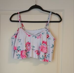 White Ruffle Floral Tiered Crop Swim Bikini Tankini Top